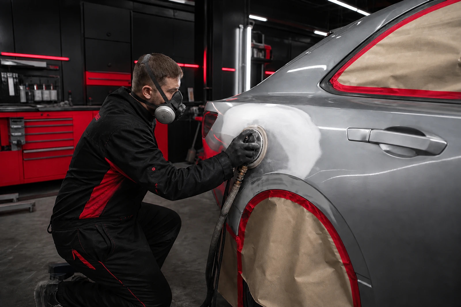Vehicle bodywork preparation in a professional workshop