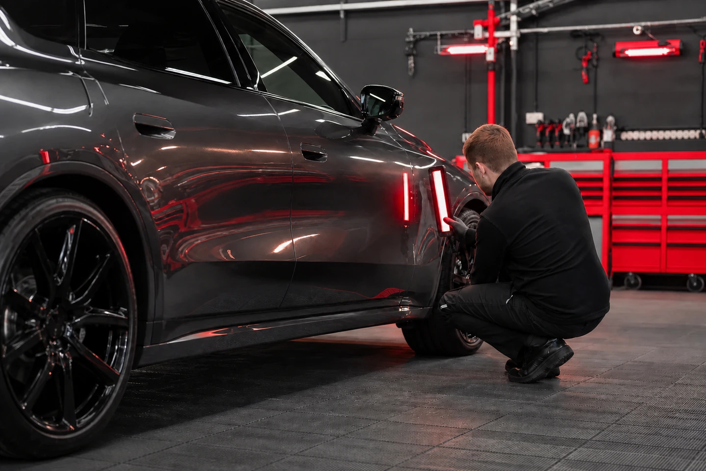 Technician carrying out a final panel and paint inspection
